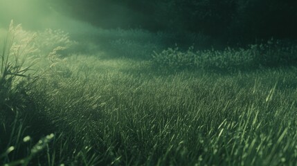 A verdant meadow bathed in soft light and atmospheric mist