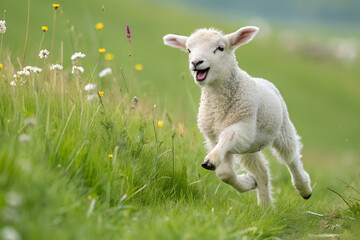 Obraz premium Happy lamb jumping in a spring meadow full of flowers
