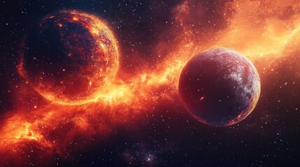 Two celestial orbs reside among swirling cosmic fiery nebulae
