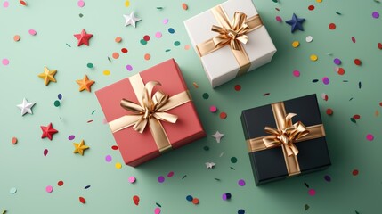 Obraz premium Colorful Gift Boxes with Ribbons on a Festive Background