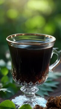 Elegant glass of dark beverage on wooden surface surrounded by green leaves and chunks of chaga mushroom in blurred background.