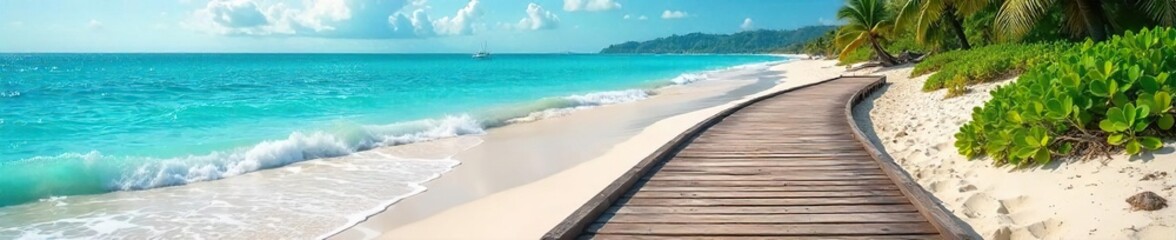 Fototapeta premium Rustic wooden boardwalk stretching along a pristine sandy beach, turquoise ocean waves gently lapping the shore Perfect for summer vacation and travel themed projects , vacation, sun