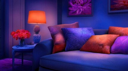A comfortable living room lit with colored accent lighting