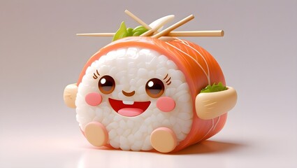 Kawaii Sushi Roll with Smile and Chopsticks..