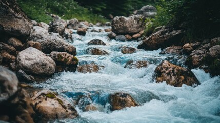 A flowing river cascading through rocks and along grassy banks