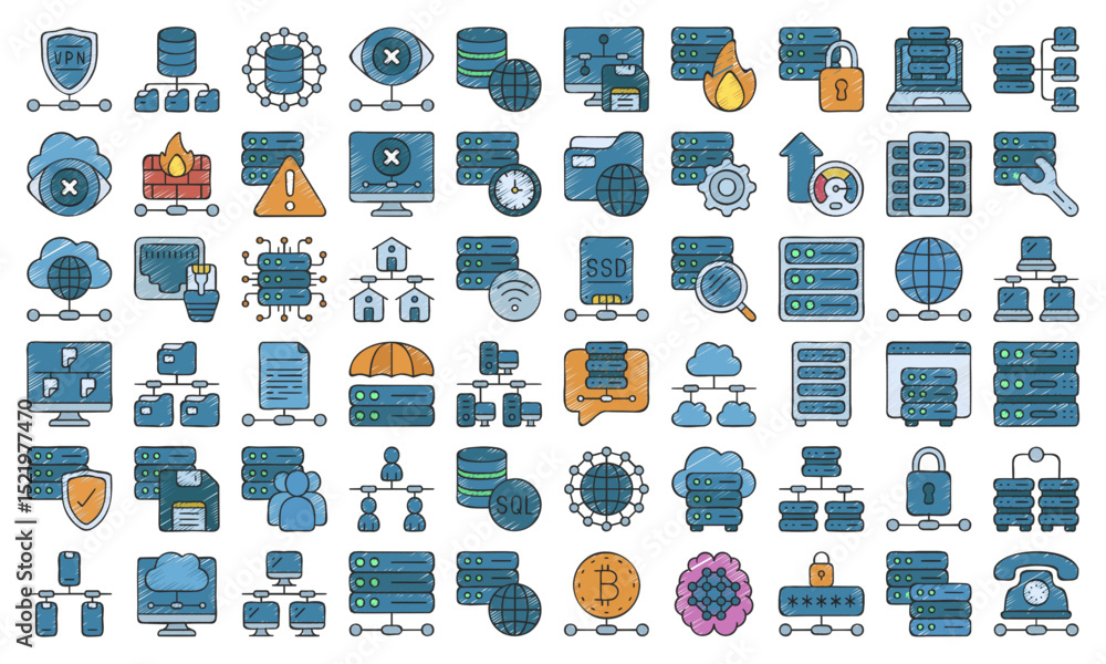 Poster extensive collection of database and network icons server cloud computing technology