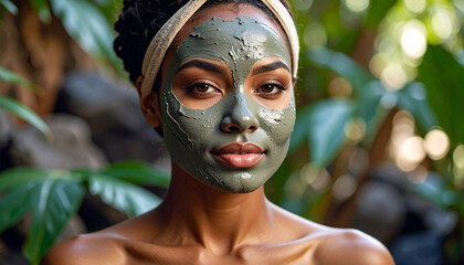A woman with a mud pack on her face.