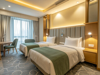 Fototapeta premium A clean and modern hotel room features two single beds with green accents, a comfy armchair, and ample natural light from a large window.
