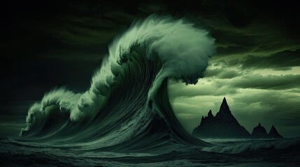 Dramatic ocean wave crashing against dark, mountainous silhouettes.
