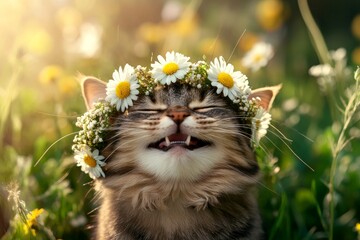 Sunny days happiness. Cute adult cat manx wearing free flower circlet on its head. Early sunshine. Beautiful cat in bloom. Young cat adventurer in summer. Summer adventure with a cat.