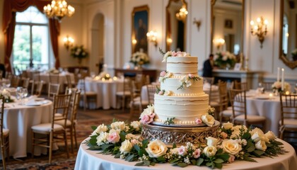 high end wedding cake on a decorated table with fresh flowers and candles during an elegant reception in a refined indoor venue with classic decor