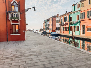 Cute Colorful Houses on Burano Island in Venice With Canal in Front