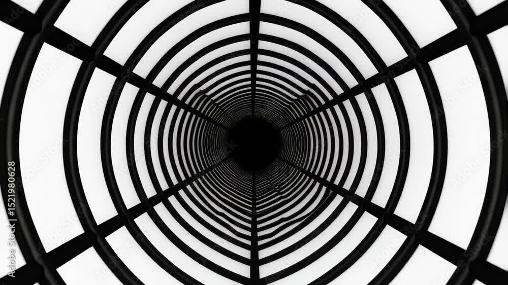 Poster abstract view inside a white and dark tunnel forming a geometric spiral pattern, creating a sense of