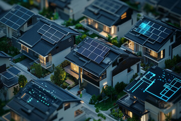 Smart home with solar panels rooftop system representing renewable energy. Glowing blue smart technology. Neighborhood sustainability. 