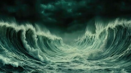Dramatic ocean waves crashing in a stormy sea.