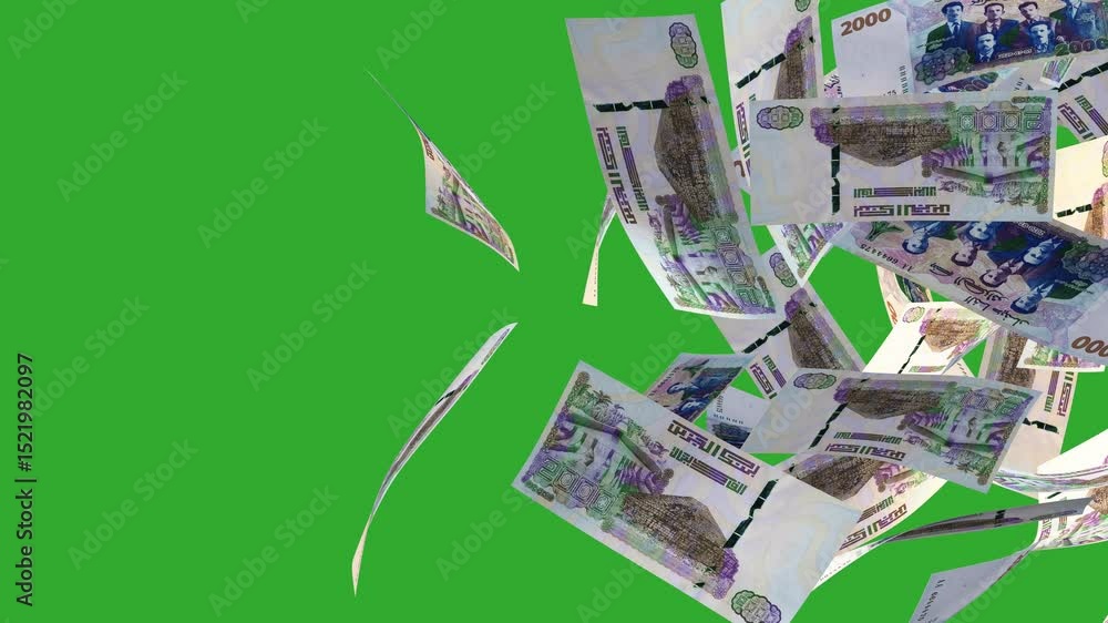 Poster 3d animation of algerian dinar notes moving flying passing blown away from left to right on green sc