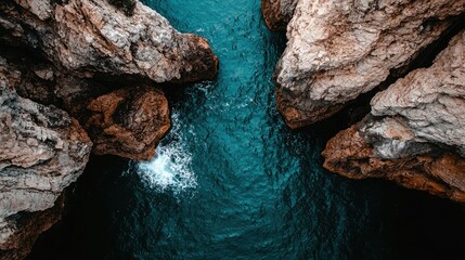 High-angle view of a waterway between rocky cliffs.