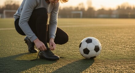 Woman Tying Shoelaces Before Soccer Game on Sunny Field