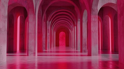 Fototapeta premium An interior archway with numerous columns bathed in pink light