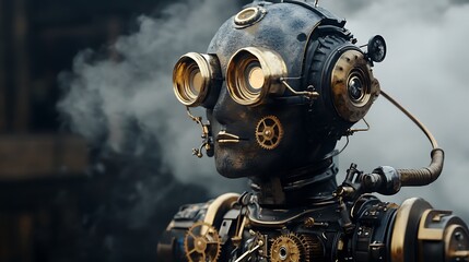 Steampunk Robot Portrait with Intricate Gear Details and Atmospheric Smoke