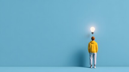 Obraz premium Thoughtful person with lightbulb idea, soft glow, symbolizing creativity and inspiration