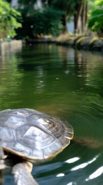 Eastern river cooter turtle emerging from reflective green water with blurred greenery in the background in natural setting.