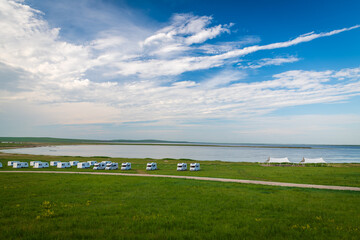 The camping trailers on the Hohnoor Grassland in Hulunbuir, Inner Mongolia, China
