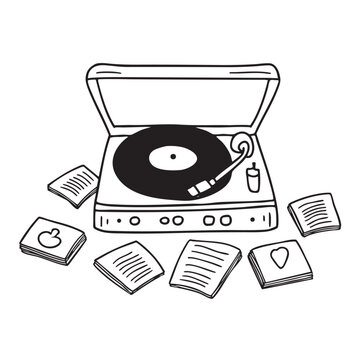 black and white record player and records clip art preview