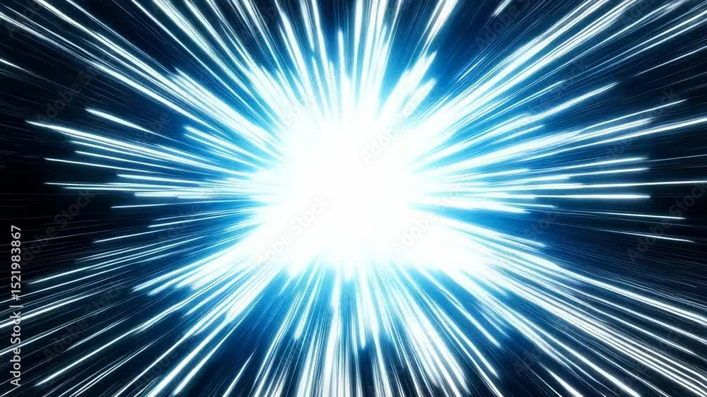 Poster abstract hyperspace jump effect with bright light in the center and blue lines moving quickly to the