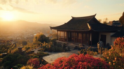 Naklejka premium A serene traditional building overlooking a vibrant sunset landscape