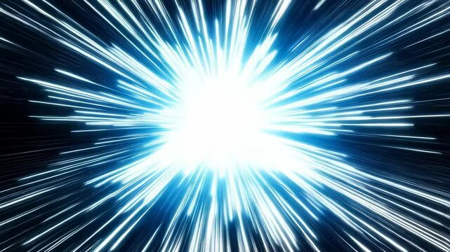 Abstract hyperspace jump effect with bright light in the center and blue lines moving quickly to the viewer, digital animation background