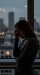 Woman with severe headache suffering from stress, anxiety, or depression. Health problem and mental pain. Illness concept.