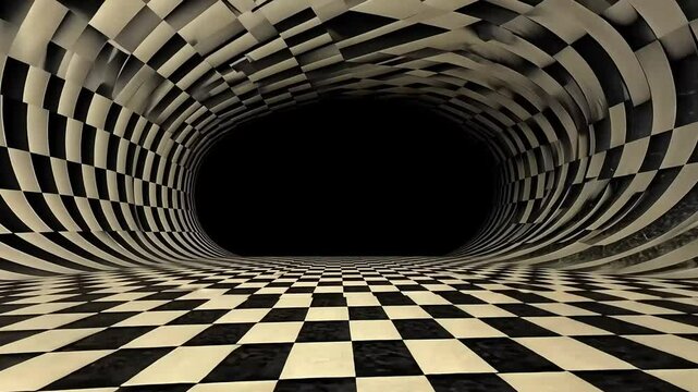 Checkered tunnel spiraling into darkness, creating a dizzying optical illusion