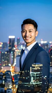 Smiling Asian businessman in suit with cityscape bokeh background at night, confident professional ready to work.