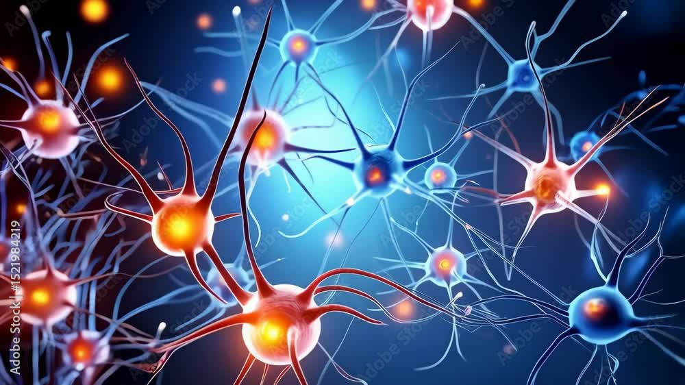 Poster neurons firing impulses and transmitting signals along axons in blue space showing the complex worki