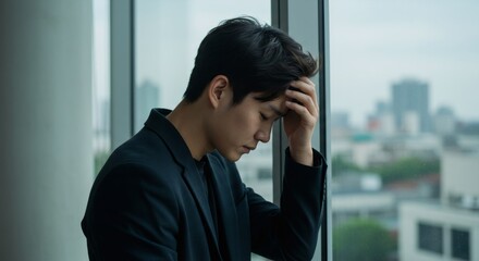 A asian man suffering from a headache with his hand on his head next to a window. Concept of mental health and stress.