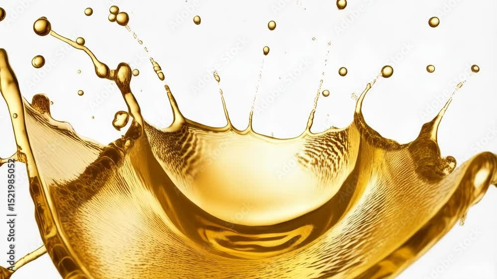Poster golden liquid splashing upwards on a clean white background, creating dynamic shapes and droplets wi