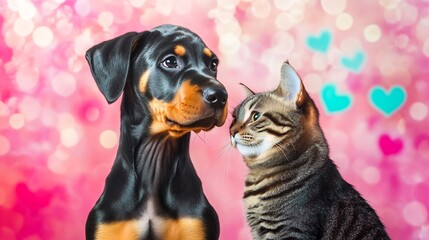 Obraz premium Cute doberman puppy and tabby cat face to face pink hearts background