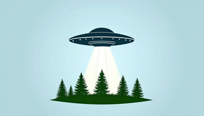 Minimalist graphic design of a UFO icon hovering over a pine tree silhouette, glowing beam, soft gradient background, perfect for T-shirts or digital prints