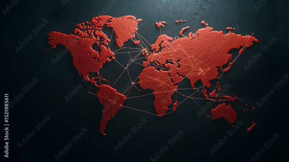 Poster a textured red world map is displayed against a dark background, interconnected by a network of glow