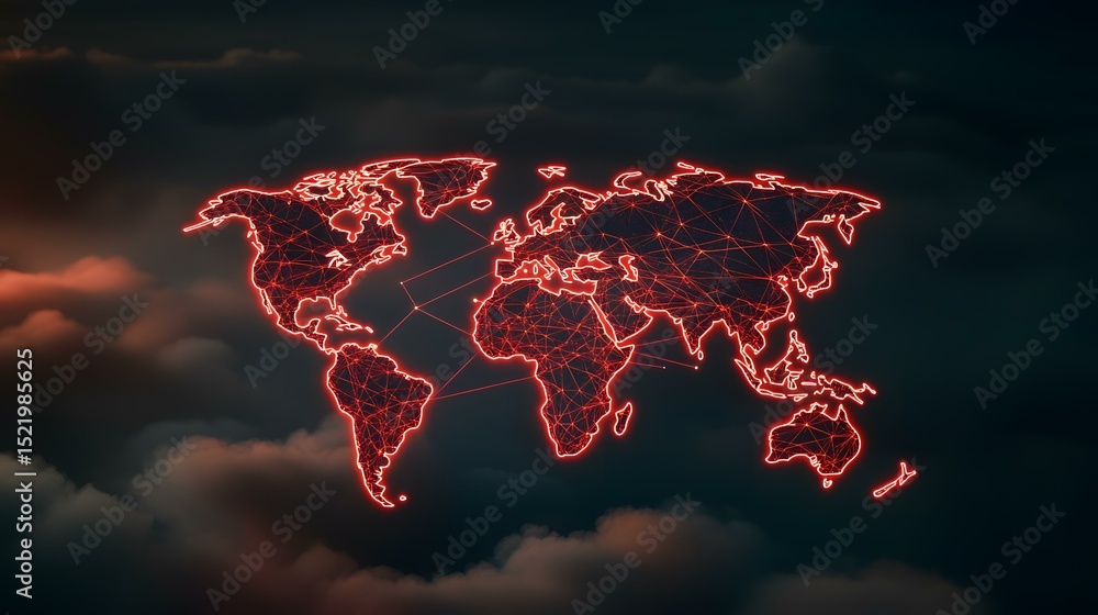 Aufkleber a glowing red outline of a world map with interconnected nodes, set against a dark, cloudy backgroun