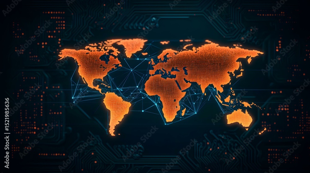 Poster an orange, glowing world map is superimposed on a dark, circuit board background; connecting lines i