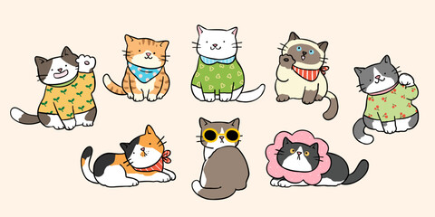 Vector Illustration of Cute Cartoon Cat Characters on Isolated Background. Hand Drawn Vector Illustration.