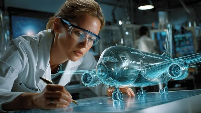 Aerospace Engineer at Work: A dedicated woman aerospace engineer, wearing safety glasses and a lab coat, intensely focuses on blueprint of airplane design in a high-tech research lab.