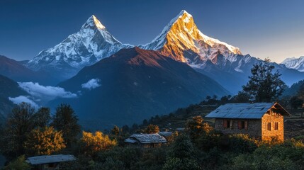 Fototapeta premium Majestic snow capped mountains towering above serene hillside dwellings