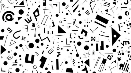 Retro abstract black and white pattern background with scattered symbols, shapes, letters and numbers. Trendy minimalist doodle texture for fashion design, packaging, posters, banners, flyers, busines