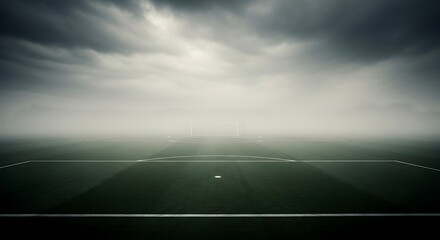 Empty Foggy Soccer Field with Goal Under a Cloudy Sky
