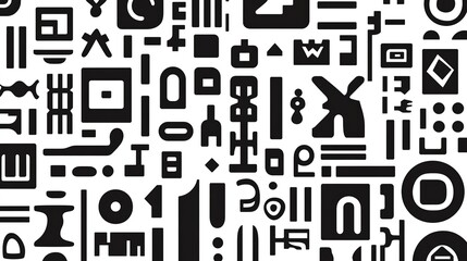 Retro abstract black and white pattern background with scattered symbols, shapes, letters and numbers. Trendy minimalist doodle texture for fashion design, packaging, posters, banners, flyers, busines