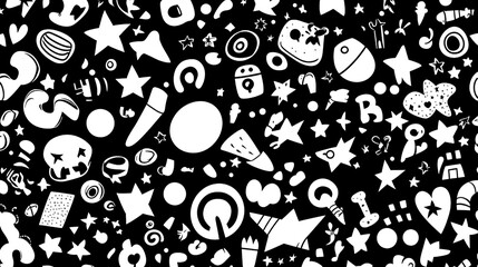 Retro abstract black and white pattern background with scattered symbols, shapes, letters and numbers. Trendy minimalist doodle texture for fashion design, packaging, posters, banners, flyers, busines