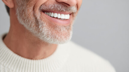 Elderly man with white beard smiling confidently showing perfect white teeth in close up portrait with soft lighting and neutral background